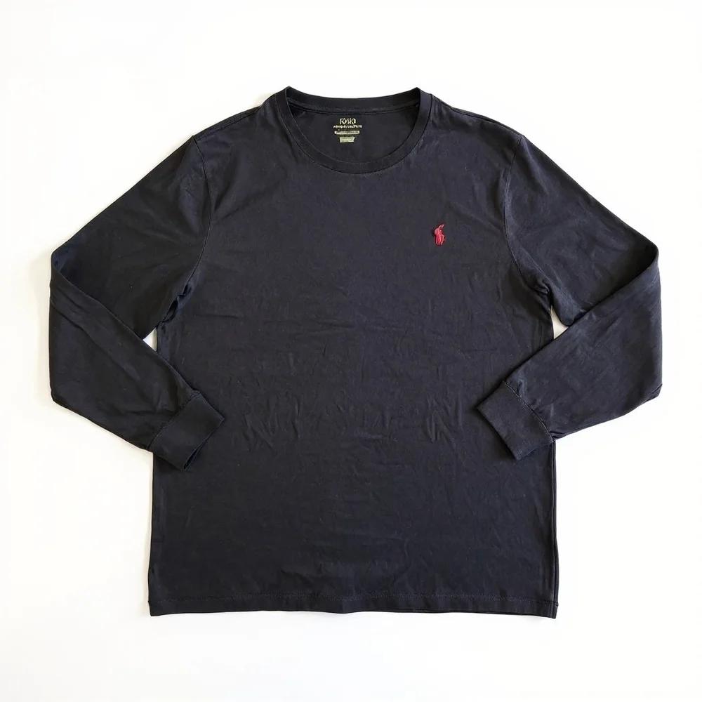 Polo Ralph Lauren Black Classic Long Sleeve T Shirt Red Pony Crewneck Size XL